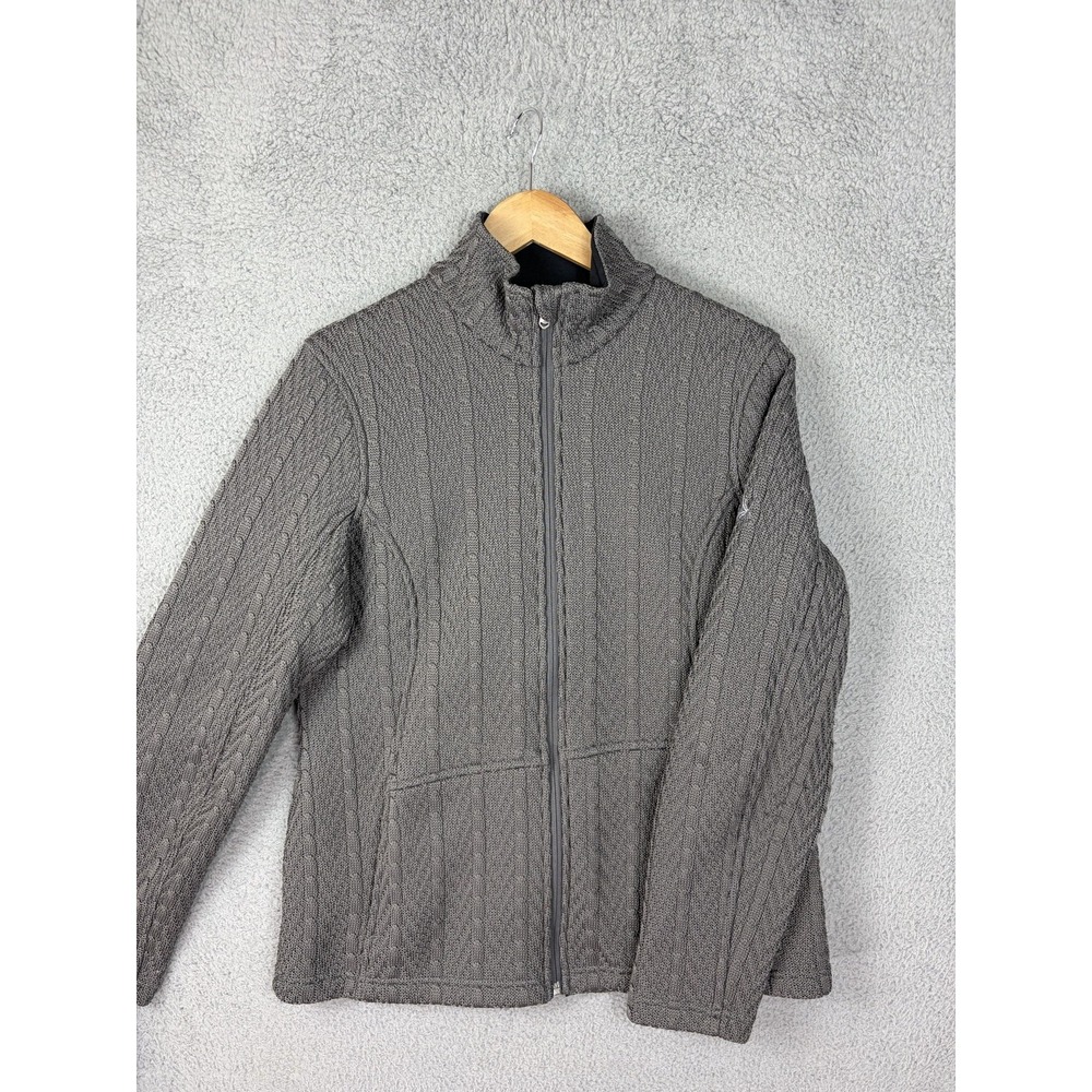 Spyder Sweater Womens Large Gray Full Zip Cable Knit Fleece Lined Logo Winter